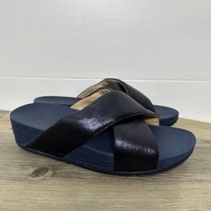 Fitflop Lulu cross glitz slide sandal wedge blue navy metallic comfort 7